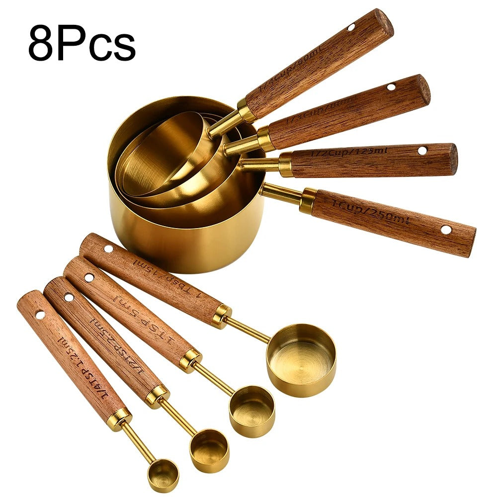 Gold Wooden Handle Stainless Steel Measuring Cups Spoons