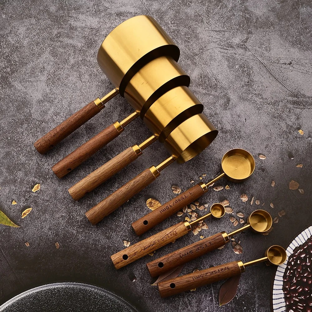 Gold Wooden Handle Stainless Steel Measuring Cups Spoons