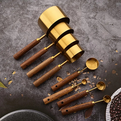 Gold Wooden Handle Stainless Steel Measuring Cups Spoons