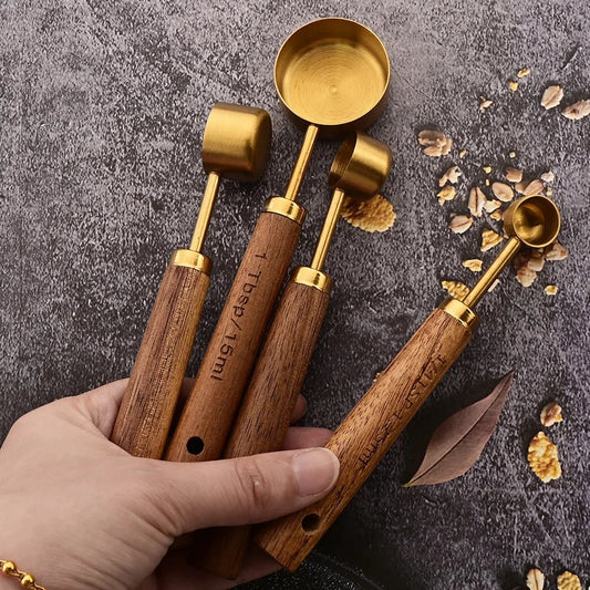 Gold Wooden Handle Stainless Steel Measuring Cups Spoons