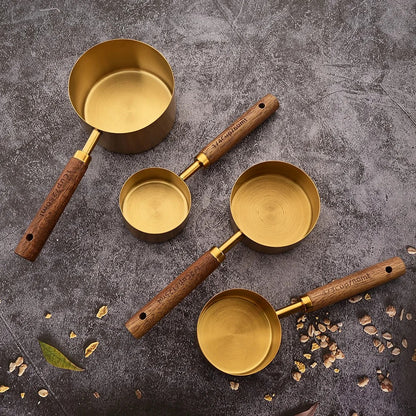 Gold Wooden Handle Stainless Steel Measuring Cups Spoons