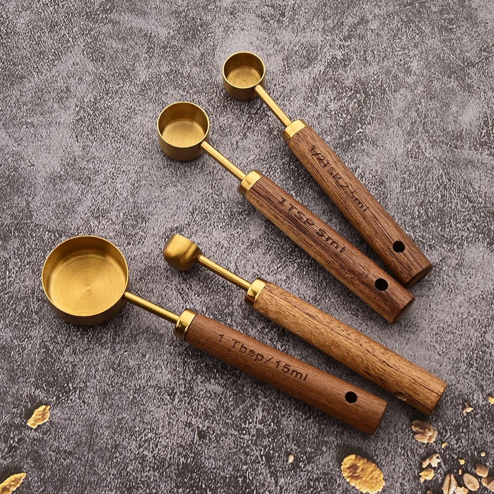Gold Wooden Handle Stainless Steel Measuring Cups Spoons